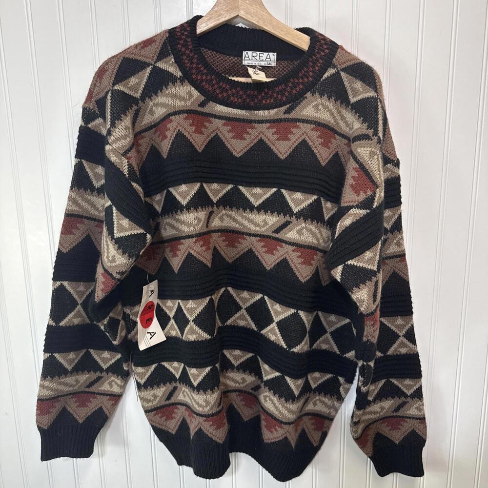 Vintage AREA By Tag Sweater Mens L Geometric Knit Sweater USA Made Grandpa 90s